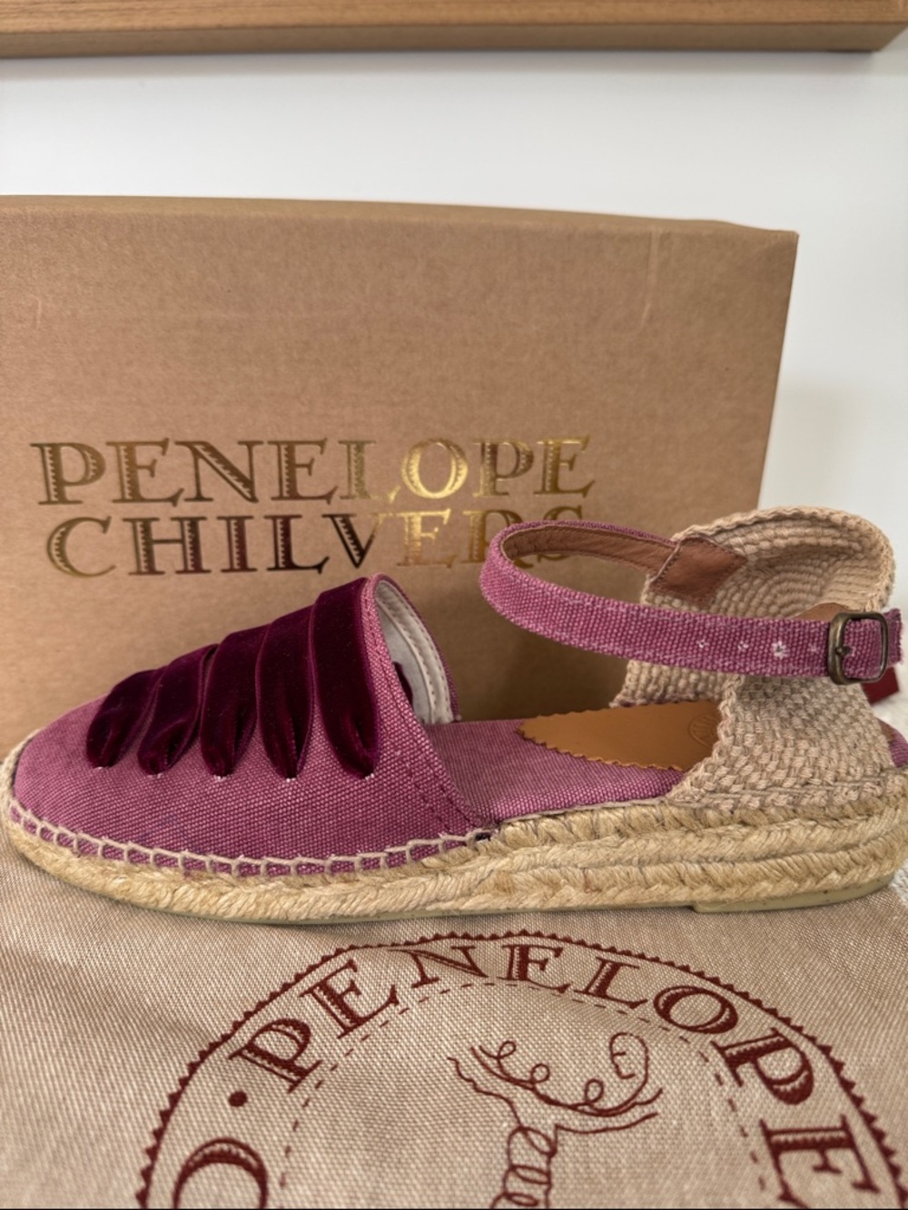 Penelope Chilvers Magenta Velvet-Trim Espadrille Sandal